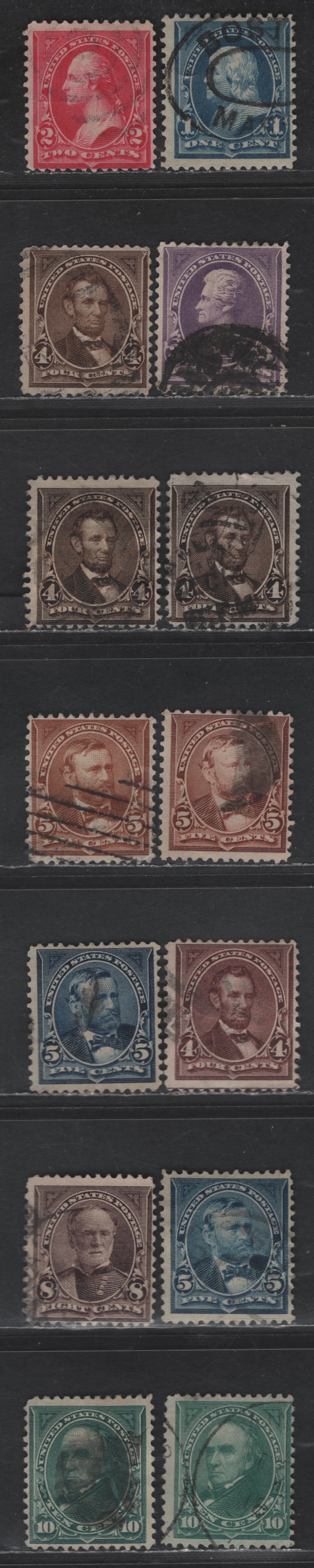 Lot 235 (C) United States Of America SC#264, 267-270, 272-273, 280-281 1c-10c Blue - Blue Green Franklin - Webster, 1895-1903 Watermarked First Bureau Banknote Issue, 14 VG & Fine Used Singles With Shade Varieties, Small Tear On 1 4c