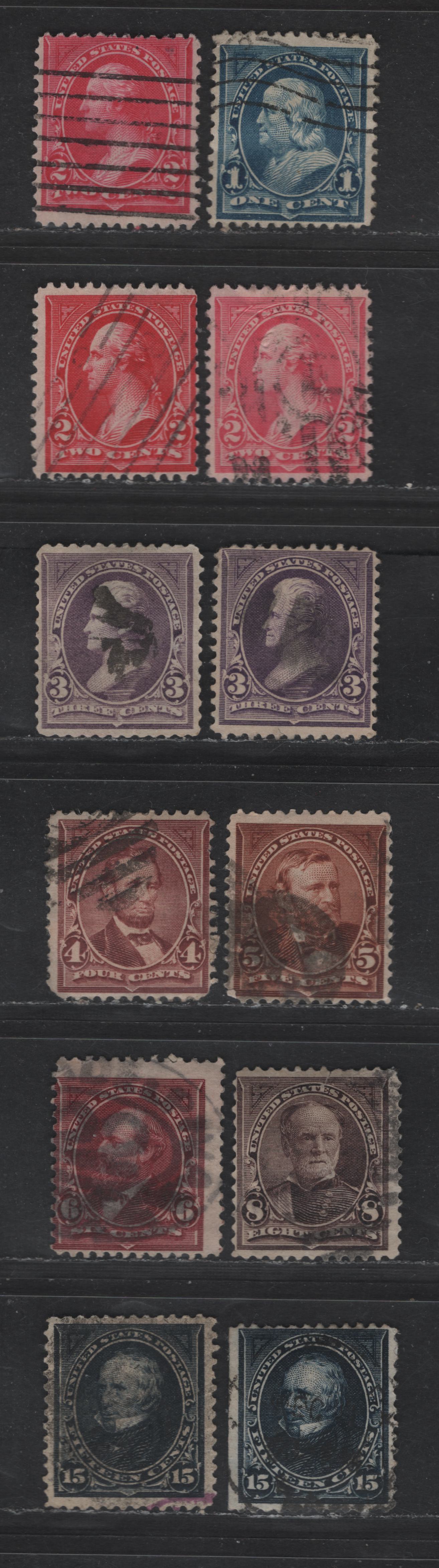 Lot 236 (C) United States Of America SC#264-265, 267, 267a, 268, 270, 272, 279B, 280, 282 1895-1903 Watermarked First Bureau Banknote Issue, 12 VG Used & Fine used Singles With Shade Varieties, Small Tear On 8c & Thin On One 15c, And One 3c