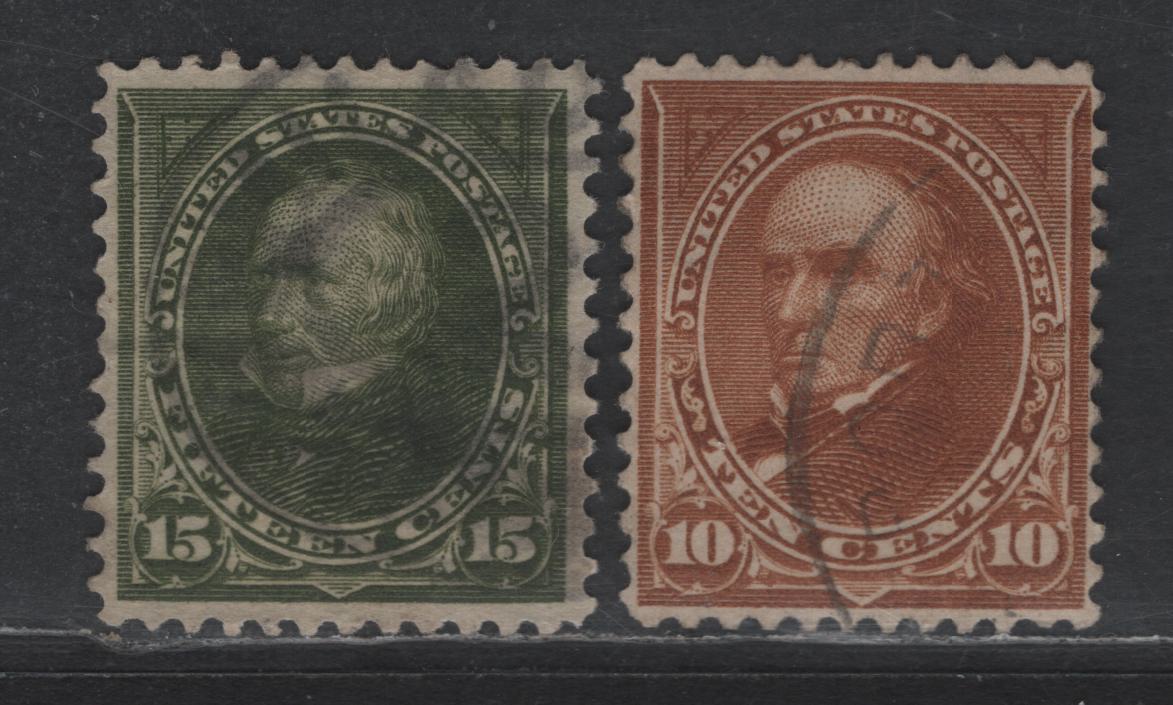 Lot 239 (C) United States Of America SC#283a, 284 10c, 15c Orange Brown & Olive Green Webster & Clay, 1895-1903 Watermarked First Bureau Banknote Issue, 2 VF Used Singles 10c Is Type II