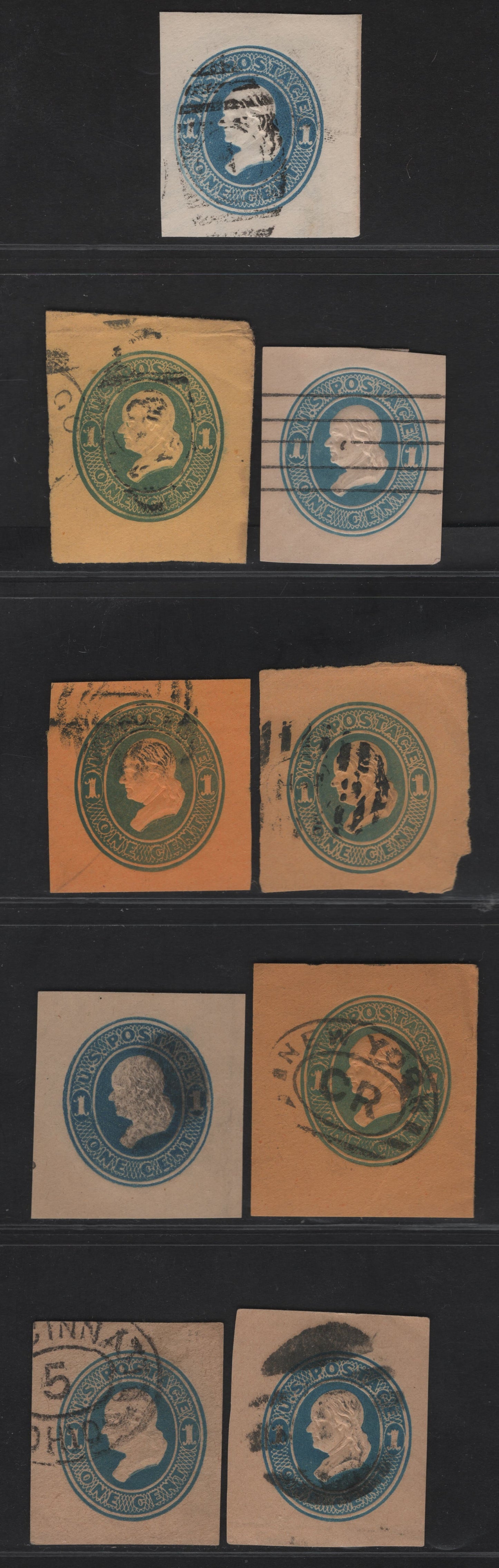 Lot 24 United States SC#U113-U116, U119, W120-a 1c Blue & Dark Blue Washington, 1874-1886 Seventh Nesbitt Issue, 7 Very Fine Used Singles, White, Amber, Orange, Cream & Manilla Papers, Wrapper & Envelope Included