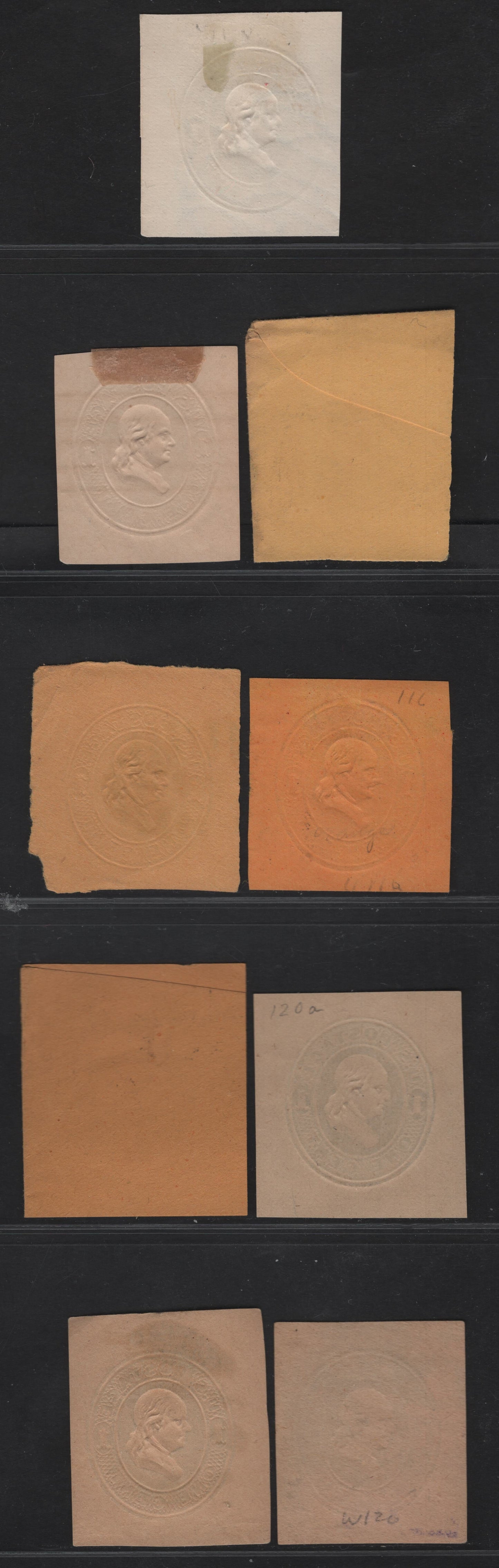 Lot 24 United States SC#U113-U116, U119, W120-a 1c Blue & Dark Blue Washington, 1874-1886 Seventh Nesbitt Issue, 7 Very Fine Used Singles, White, Amber, Orange, Cream & Manilla Papers, Wrapper & Envelope Included