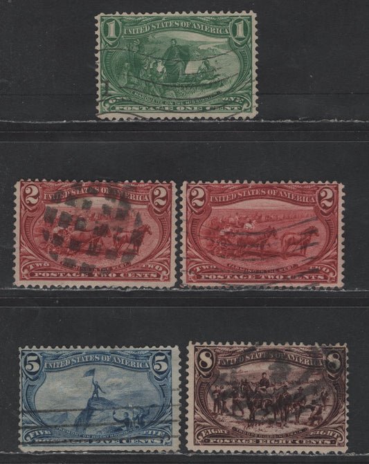 Lot 241 (C) United States Of America SC#285-286, 288-289 1c-8c Marquette On The Mississippi - Troops Guarding Wagon, 1898 Trans-Mississippi Issue, 5 Good & Fine Used Singles Trimmed Perfs On 5c, Corner Crease & Small Tear On 8c