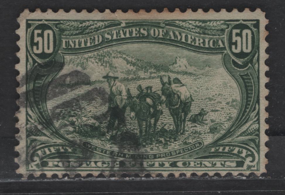 Lot 243 (C) United States Of America SC#291 50c Deep Sage Green Western Mining Prospector, 1898 Trans-Mississippi Issue, A VG Used Single Lateral Shear Tear On Back