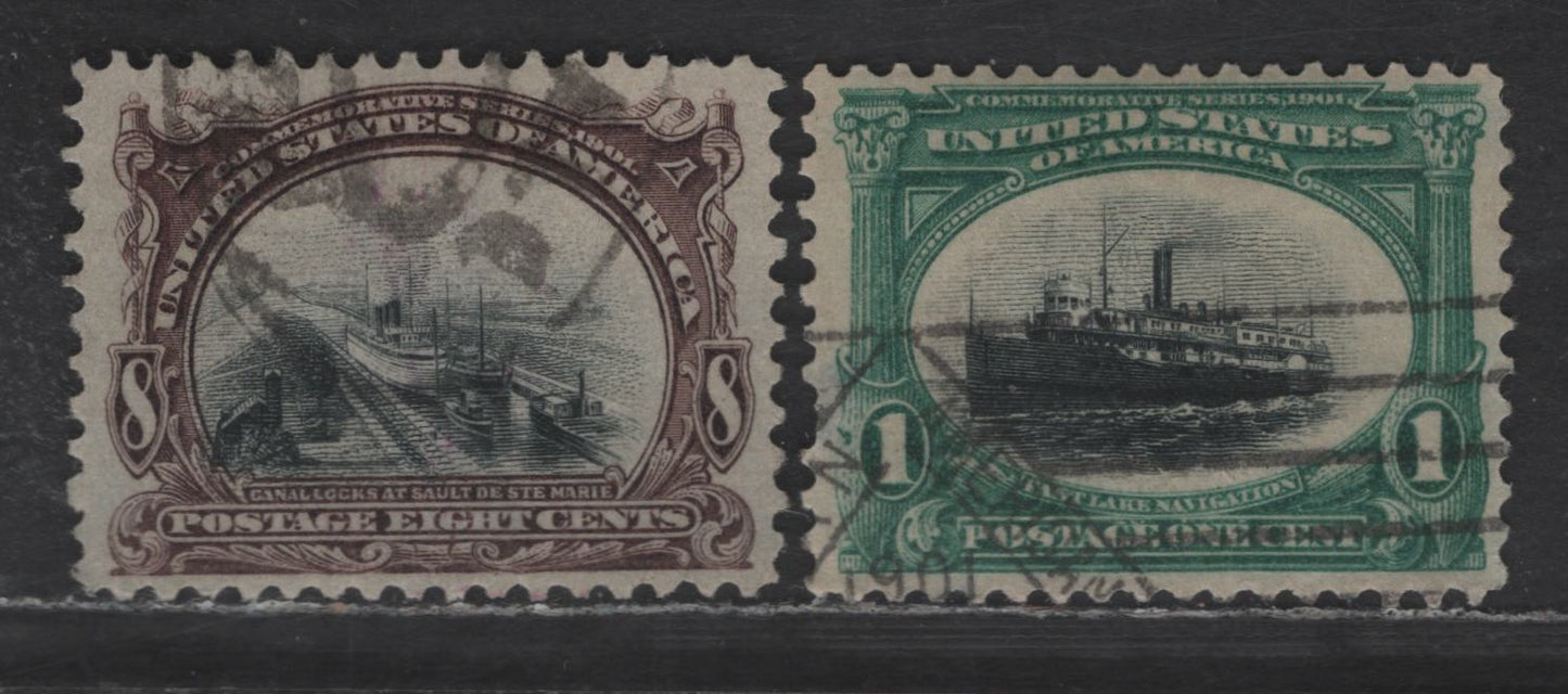 Lot 244 (C) United States Of America SC#294, 298 1c, 1c Green/Brown Violet & Black Fast Lake Navigation & Canal Locks, 1901 Pan American Exposition Issue, 2 Fine & VF Used Singles Small Thin On 1c