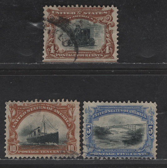 Lot 245 (C) United States Of America SC#296, 297, 299 4c, 5c, 10c Brown/Ultra/Orange Brown & Black Electric Car - Fast Ocean Navigation, 1901 Pan American Exposition Issue, 3 VG & VF Used Singles Small Tear On 4c, Internal Crease On 5c