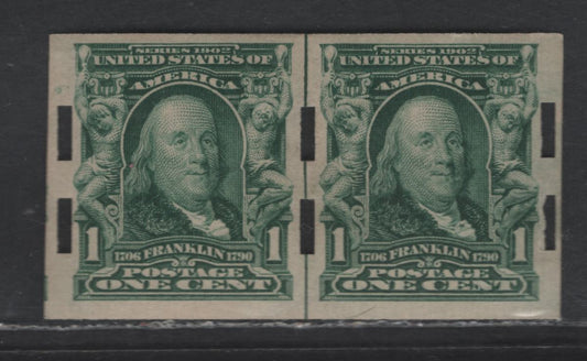Lot 249 United States Of America SC#314 1c Blue Green Benjamin Franklin, 1902-1908 Second Bureau Issue, A VFOG Single Imperf Pair With Type III Schermack Perforations