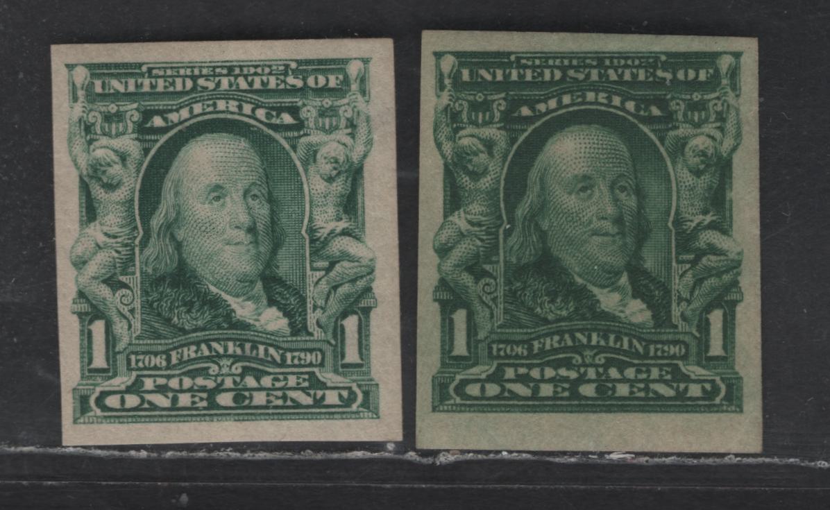 Lot 250 United States Of America SC#314 1c Blue Green & Deep Blue Green Benjamin Franklin, 1902-1908 Second Bureau Issue, 2 VFOG & VFNH Singles Imperf. Singles