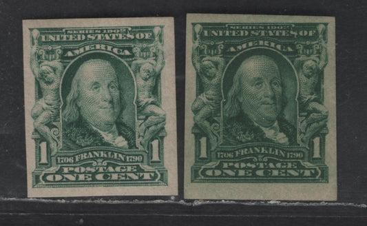 Lot 250 United States Of America SC#314 1c Blue Green & Deep Blue Green Benjamin Franklin, 1902-1908 Second Bureau Issue, 2 VFOG & VFNH Singles Imperf. Singles