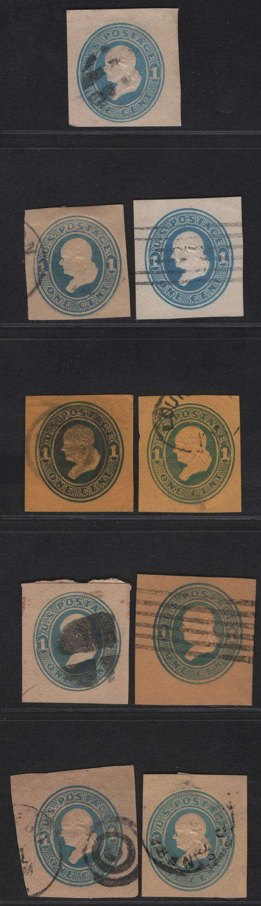 Lot 25 United States SC#U113-U116A, U118-U119, W120 1c Blue & Dark Blue Washington, 1874-1886 Seventh Nesbitt Issue, 8 Fine Used Singles, White, Cream, Orange, Fawn & Manilla Papers, Wrapper On Manilla