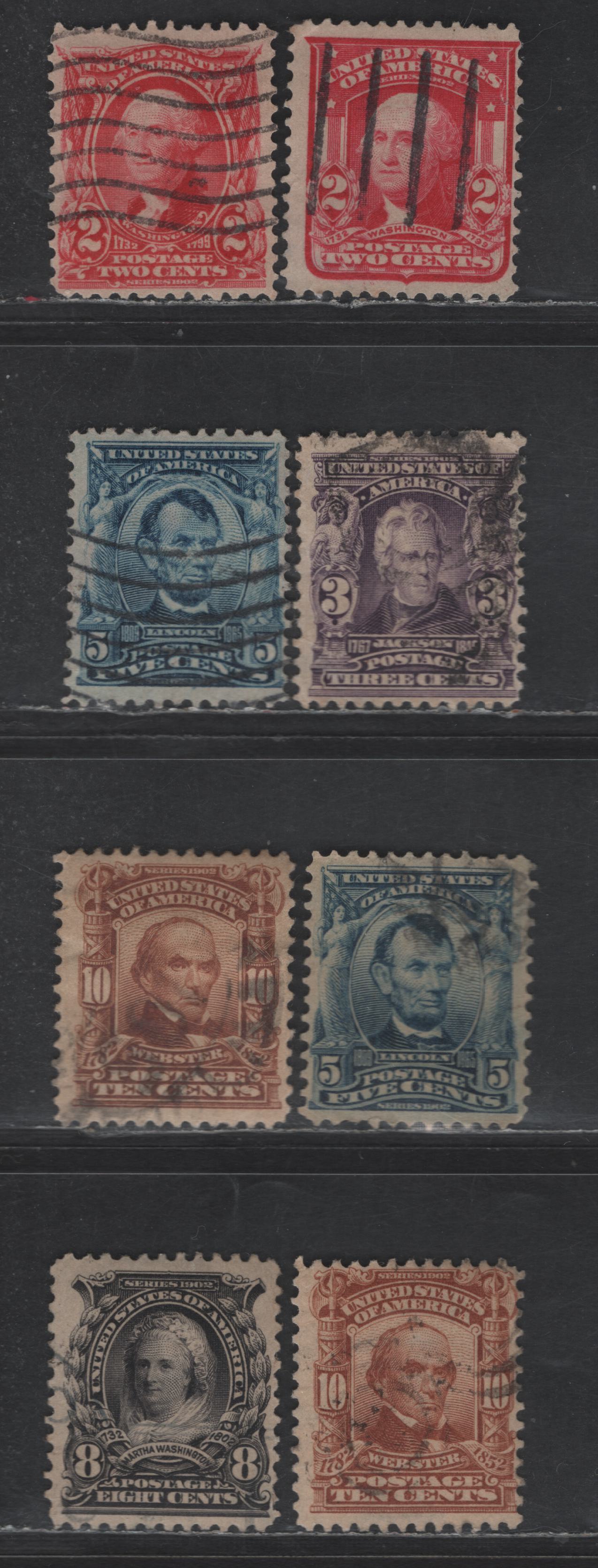 Lot 255 (C) United States Of America SC#301-302, 304, 306, 307, 319 2c-10c Carmine & Pale Red Brown Washington - Webster, 1902-1908 Second Bureau Issue, 8 Fine & VF Used Singles Including Two Shades Of 10c and 5c