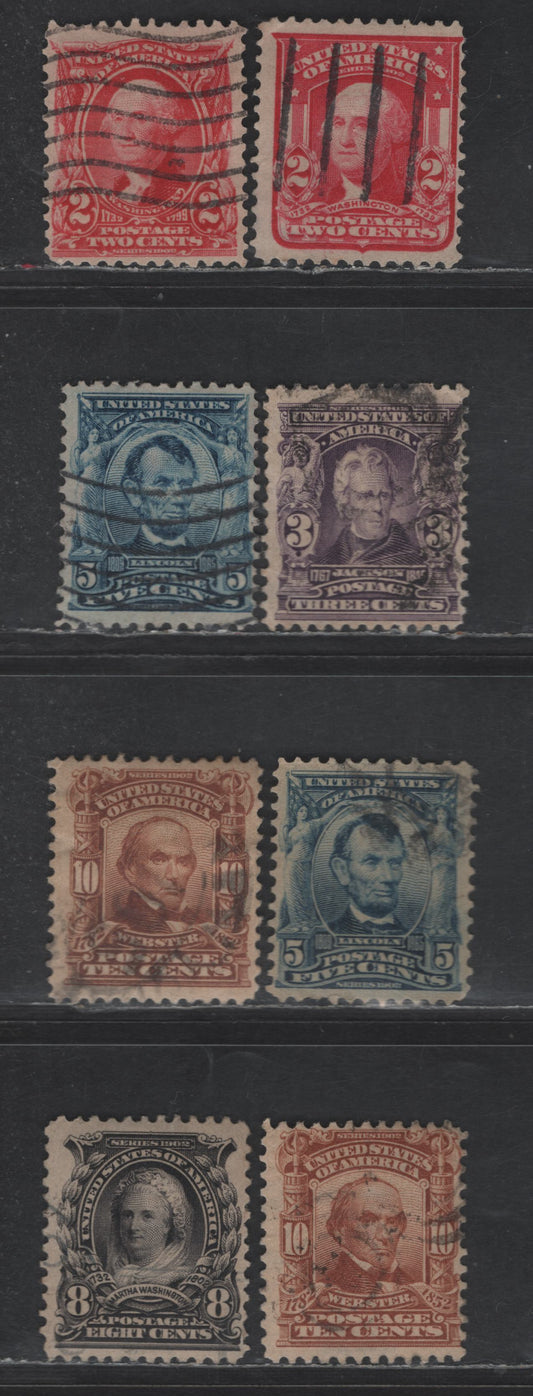 Lot 255 (C) United States Of America SC#301-302, 304, 306, 307, 319 2c-10c Carmine & Pale Red Brown Washington - Webster, 1902-1908 Second Bureau Issue, 8 Fine & VF Used Singles Including Two Shades Of 10c and 5c