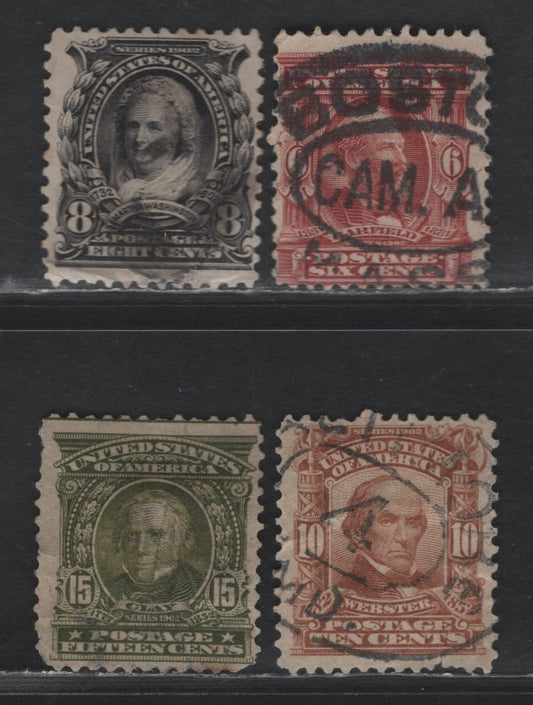 Lot 256 (C) United States Of America SC#305-307, 309 6c-15c Claret - Olive Green Garfield - Clay, 1902-1908 Second Bureau Issue, 4 VG Used Singles Pulled Perf On 10c and Diagonal Crease On 8c