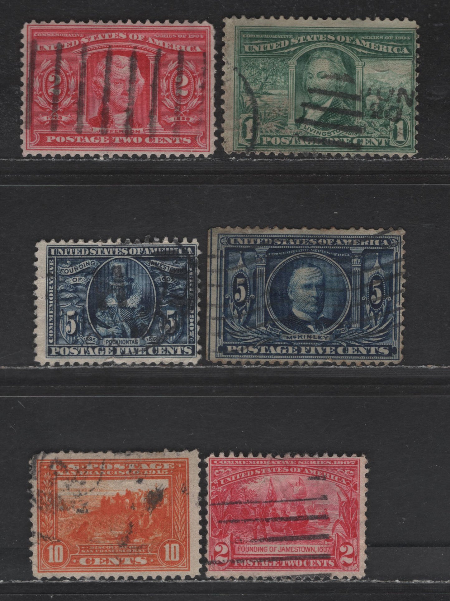 Lot 257 (C) United States Of America SC#323-324, 326, 329-330, 400A 1904-1913 Louisiana Purchase - Panama Pacific Issue, 6 Good & VG Used Singles Small Thin On 2c Louisiana, Lateral Tear On 2c Jamestown, Internal Creases On 5c & 10c