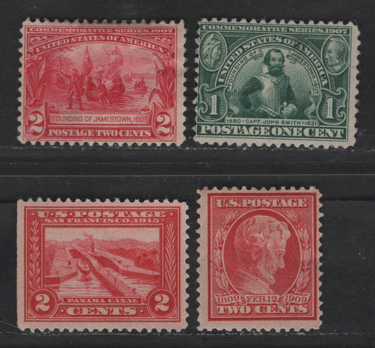 Lot 259 United States Of America SC#328-329, 367, 398 1c-2c Green & Carmine Captain John Smith - Pedro Miguel Locks, 1907-1913 Jamestown Exposition - Panama Pacific Issues, 4 VGOG, Fine & VF unused Singles