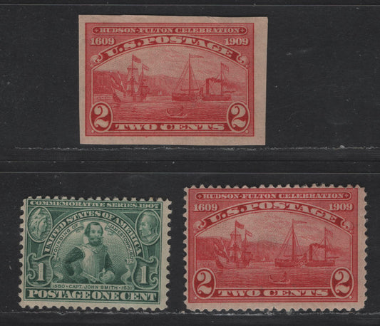 Lot 260 United States Of America SC#328, 372-373 1c-2c Green  & Carmine Captain John Smith, Halfmoon & Steamship, 1907-1909 Jamestown Exposition  - Hudson-Fulton Celebration Issue, 3 VGOG & VFOG Singles