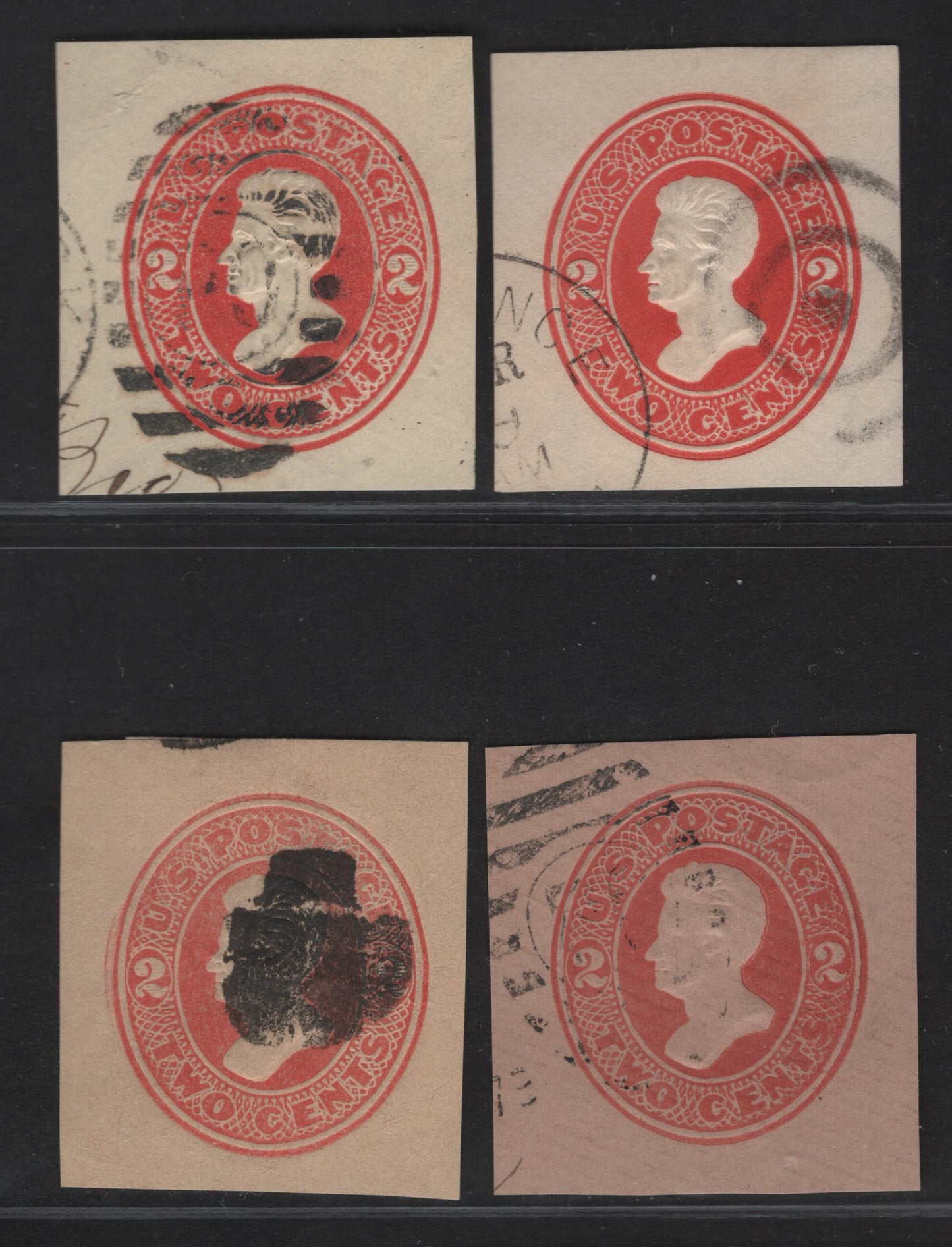 Lot 26 United States SC#U142-U143, U147, W148 2c Vermillion Jackson, 1874-1886 Seventh Nesbitt Issue, 4 Fine/Very Fine Used Singles, White, Amber & Fawn Papers, Wrapper On Manilla