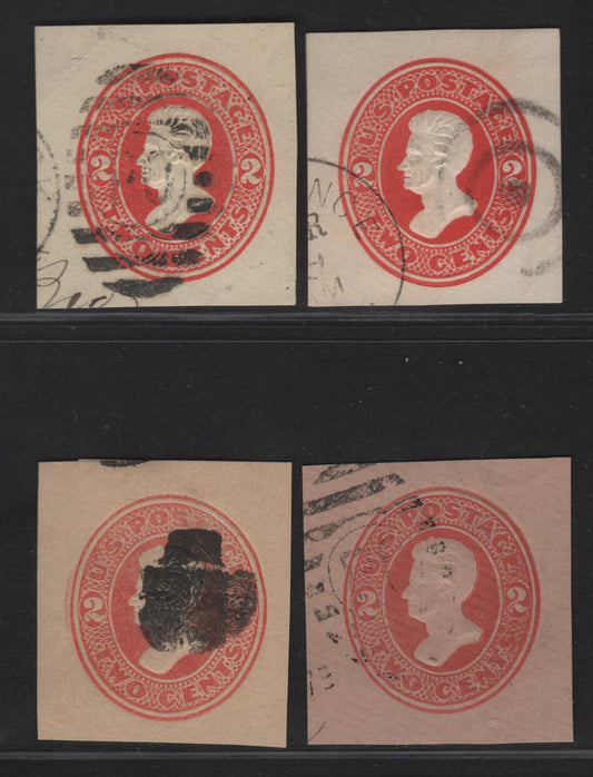 Lot 26 United States SC#U142-U143, U147, W148 2c Vermillion Jackson, 1874-1886 Seventh Nesbitt Issue, 4 Fine/Very Fine Used Singles, White, Amber & Fawn Papers, Wrapper On Manilla