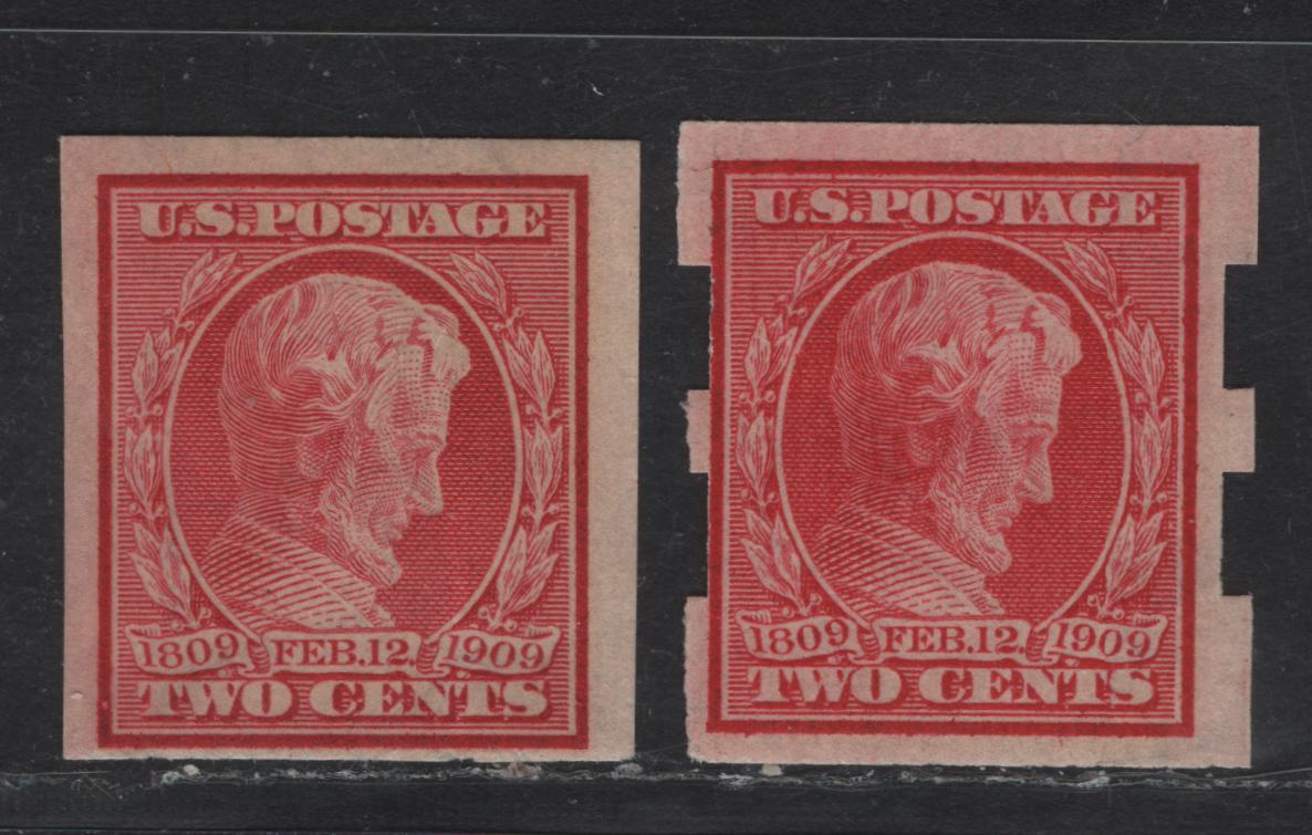 Lot 263 United States Of America SC#368 & var 2c Carmine Abraham Lincoln, 1909 Lincoln Birth Centenary Issue, 2 Fine OG Singles One With Type III Schermack Perforations