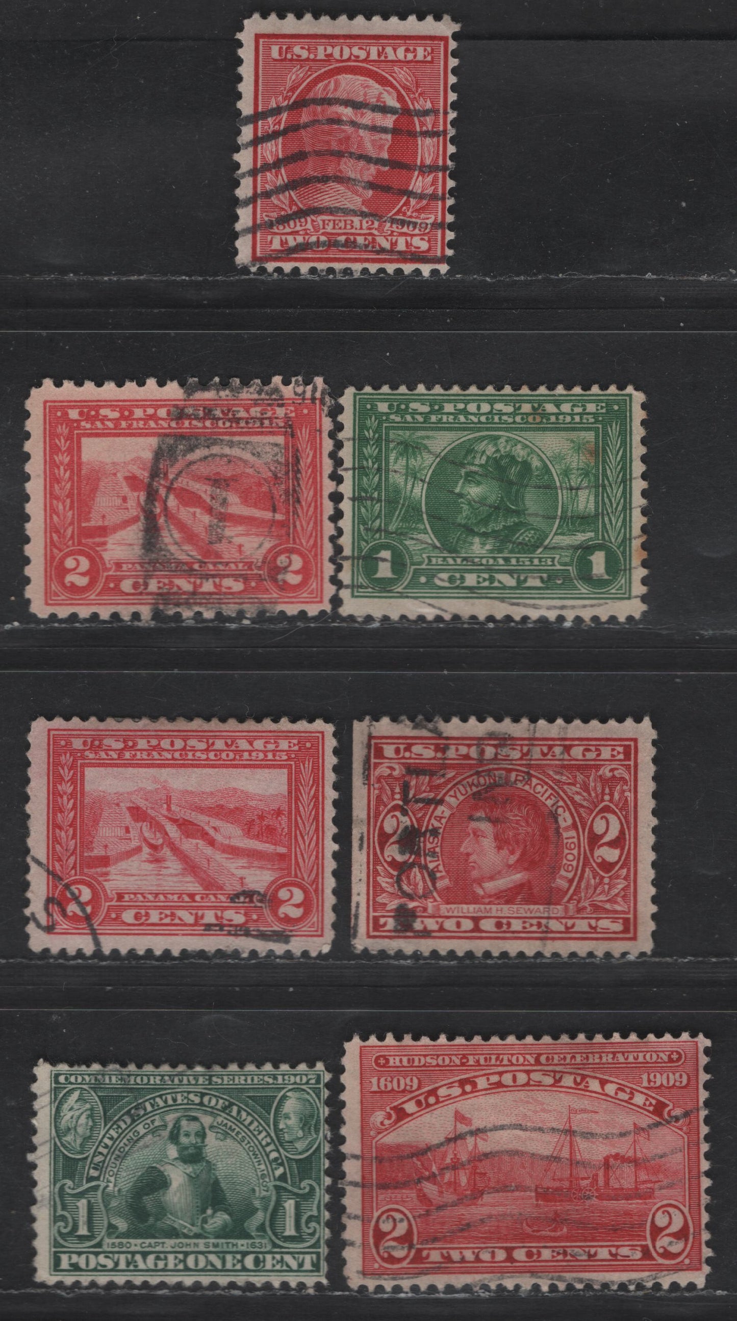 Lot 271 (C) United States Of America SC#328, 367, 370, 372, 397-398, 402 1c-2c Green - Rose Carmine Captain John Smith, Pedro Miguel Locks, 1907-1915 Jamestown Exposition - Panama Pacific Issues, 7 Fine & VF Used Singles Perf. 12 & 10