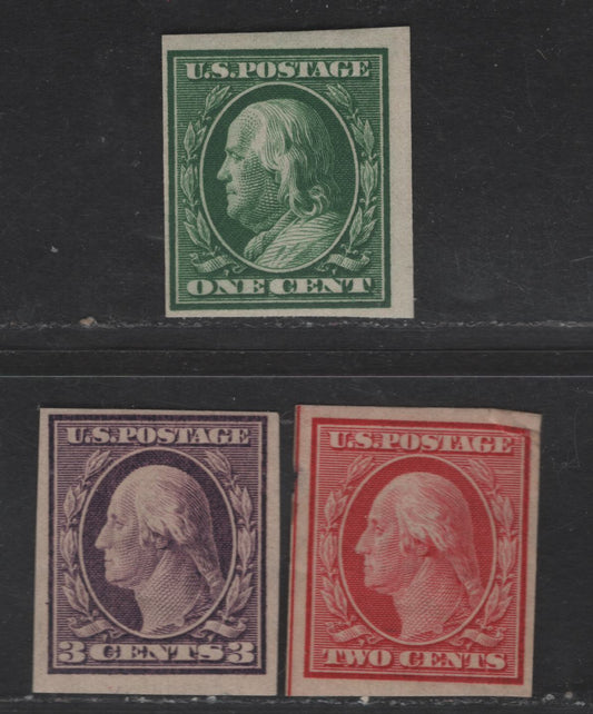 Lot 275 United States Of America SC#343-345 1c-3c Green, Carmine & Violet Franklin & Washington, 1908-1920 Washington-Franklin Issue, 3 Fine OG Singles Imperf, Wmk Double Lined USPS, 2c Is Faulty & Not Counted