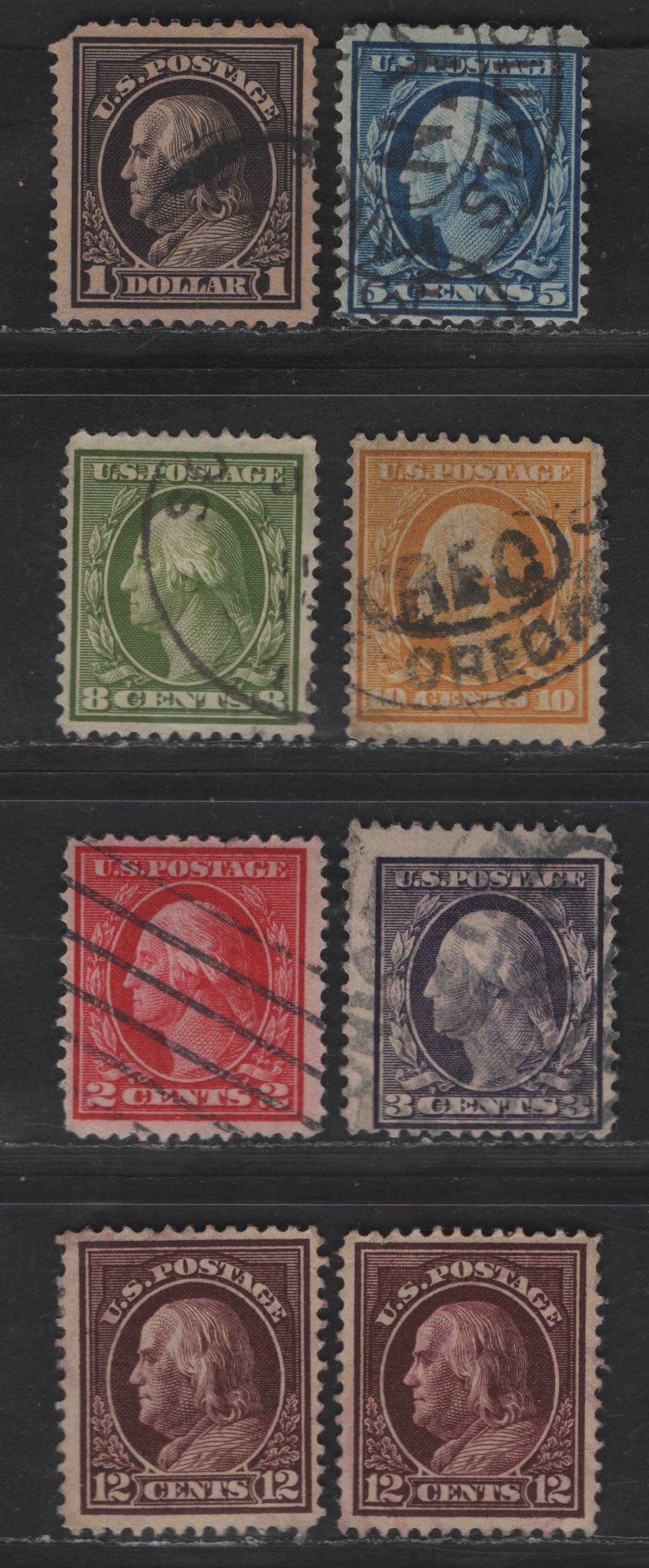 Lot 280 (C) United States Of America SC#337, 338, 406, 333, 335, 417, 423 Washington & Franklin, 1908-1920 Washington-Franklin Issue, 9 VG, Fine & VF Used Singles Perf. 12, Wmk Double Lined USPS & Single Lined USPS (2c & 12c), Includes 2 Shades Of 12c