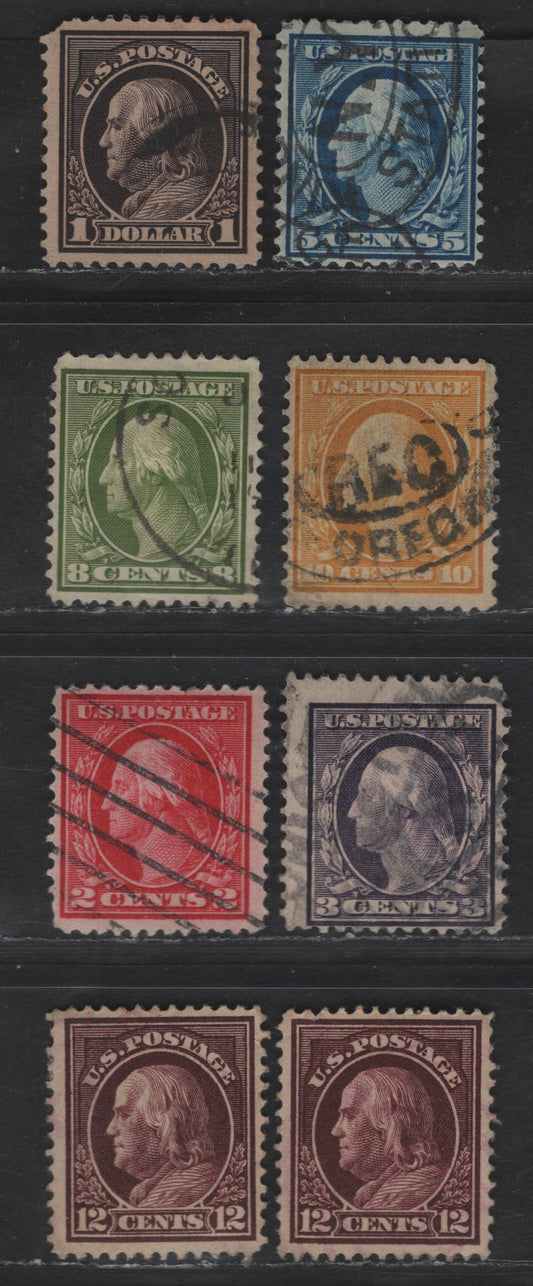 Lot 280 (C) United States Of America SC#337, 338, 406, 333, 335, 417, 423 Washington & Franklin, 1908-1920 Washington-Franklin Issue, 9 VG, Fine & VF Used Singles Perf. 12, Wmk Double Lined USPS & Single Lined USPS (2c & 12c), Includes 2 Shades Of 12c