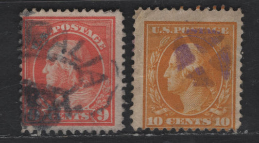 Lot 281 (C) United States Of America SC#415, 381 9c-10c Salmon & Yellow Washington & Franklin, 1908-1920 Washington-Franklin Issue, 2 VG Used Singles Perf. 12 , Wmk Single Lined USPS