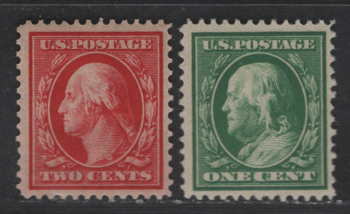 Lot 283 United States Of America SC#374-375 1c-2c Green & Carmine Washington & Franklin, 1908-1920 Washington-Franklin Issue, 2 Fine & VFOG Singles Perf. 12, Wmk Single Lined USPS