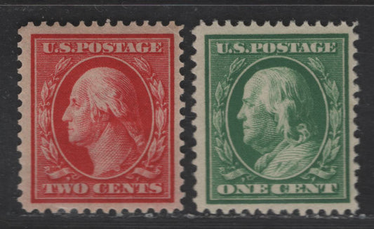 Lot 283 United States Of America SC#374-375 1c-2c Green & Carmine Washington & Franklin, 1908-1920 Washington-Franklin Issue, 2 Fine & VFOG Singles Perf. 12, Wmk Single Lined USPS