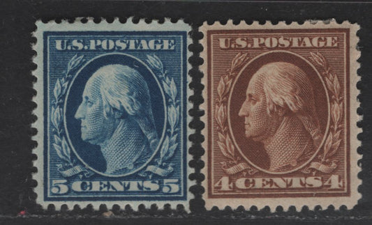 Lot 285 United States Of America SC#377-378 4c-5c, 10c Yellow Brown & Dark Blue George Washington, 1908-1920 Washington-Franklin Issue, 2 Fine OG Singles Perf. 12, Wmk Single Lined USPS