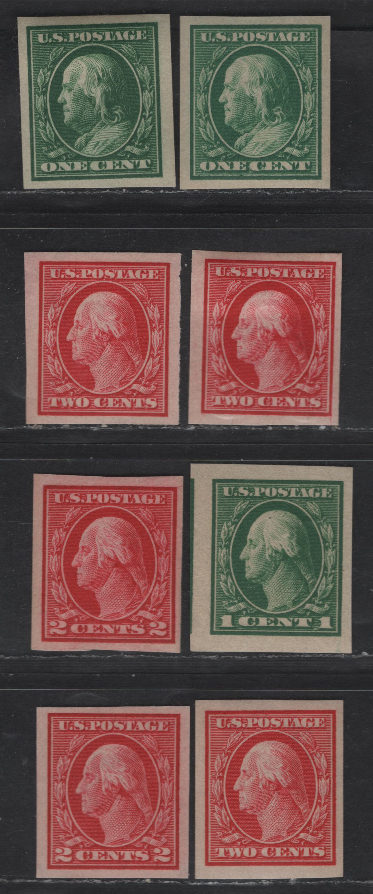 Lot 288 United States Of America SC#383-384, 408-409 1c-2c Green & Carmine Washington & Franklin, 1908-1920 Washington-Franklin Issue, 8 VFOG Singles Imperf, Wmk Single Lined USPS With Shade Variations