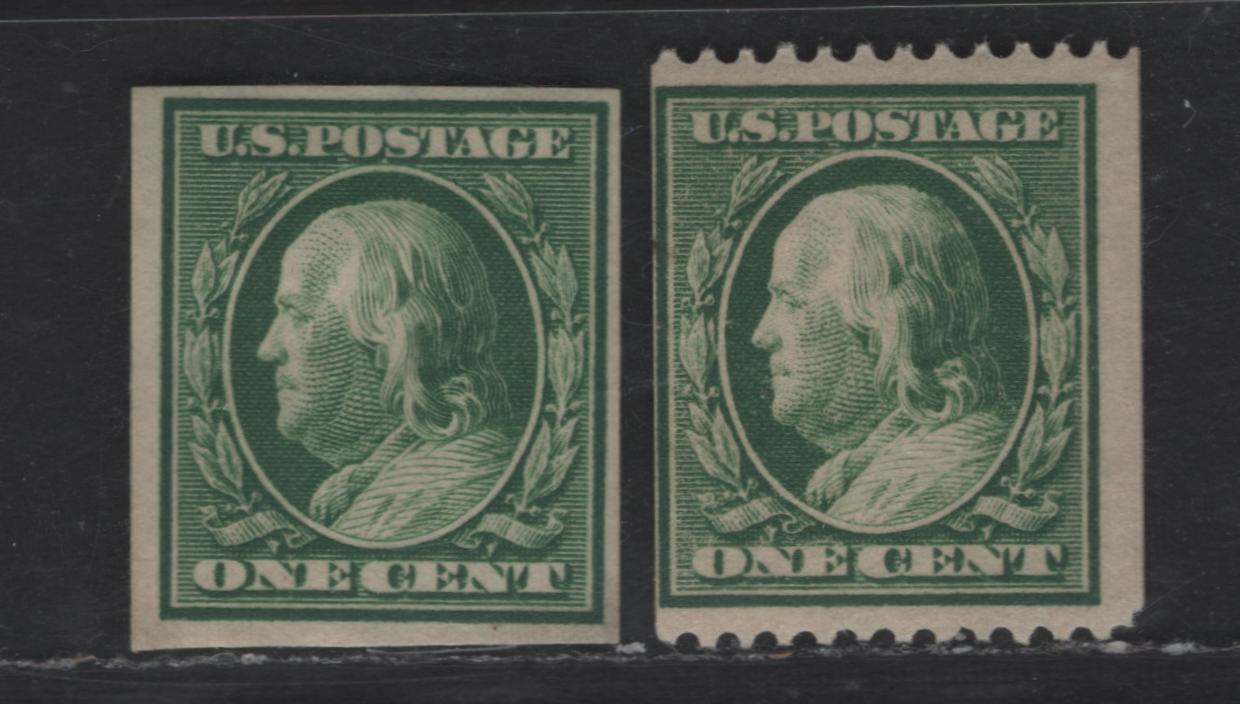 Lot 289 United States Of America SC#383, 385 1c Green  Benjamin Franklin, 1908-1920 Washington-Franklin Issue, 2 Fine OG Singles Imperf & Perf. 12 Horizontally, Wmk Single Lined USPS