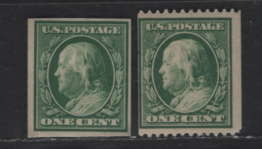Lot 289 United States Of America SC#383, 385 1c Green  Benjamin Franklin, 1908-1920 Washington-Franklin Issue, 2 Fine OG Singles Imperf & Perf. 12 Horizontally, Wmk Single Lined USPS
