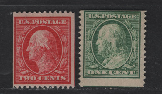 Lot 290 United States Of America SC#386, 387 1c-2c Green & Carmine Washington & Franklin, 1908-1920 Washington-Franklin Issue, 2 Fine OG Singles Coil Singles, Perf. 12 Vertically & Horizontally, Possibly Altered Imperfs