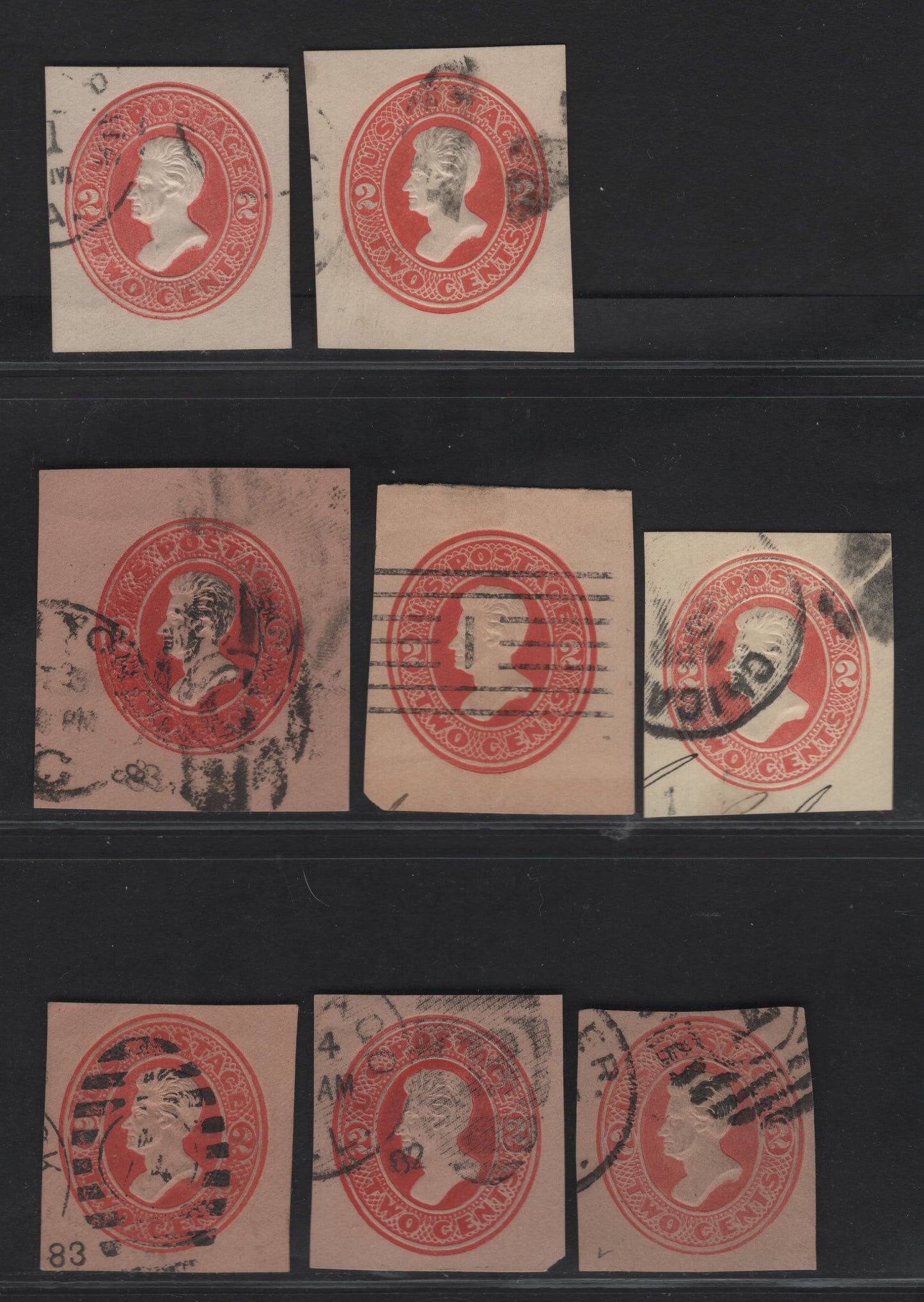 Lot 29 United States SC#U142-U144, U147, U152 2c Vermillion Jackson, 1874-1886 Seventh Nesbitt Issue, 5 Fine/Very Fine Used Singles, White, Amber, Cream & Fawn Papers, Design Type 2 On Fawn, 3 Shades