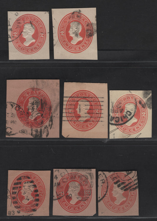 Lot 29 United States SC#U142-U144, U147, U152 2c Vermillion Jackson, 1874-1886 Seventh Nesbitt Issue, 5 Fine/Very Fine Used Singles, White, Amber, Cream & Fawn Papers, Design Type 2 On Fawn, 3 Shades