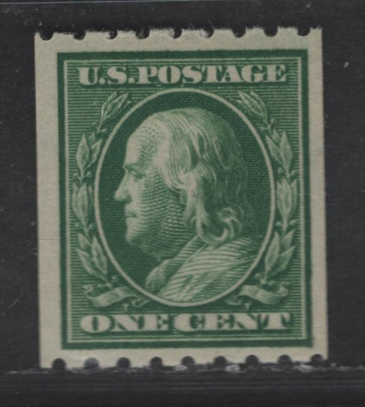 Lot 291 United States Of America SC#390 1c Green Benjamin Franklin, 1908-1920 Washington-Franklin Issue, A VFOG Single Coil Single, Perf. 8.5 Horizontally, Wmk Single Lined USPS