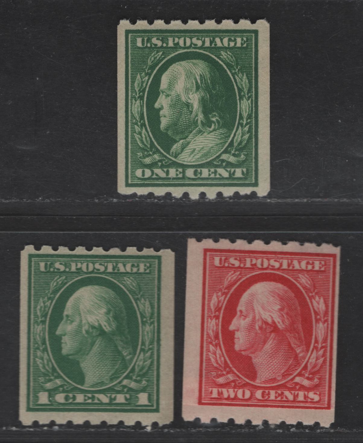 Lot 292 United States Of America SC#390-391, 410 1c-2c Green & Carmine Washington & Franklin, 1908-1920 Washington-Franklin Issue, 3 Fine OG Singles Coil Singles, Perf. 8.5 Horizontally, 2c Is A Paste-Up Single