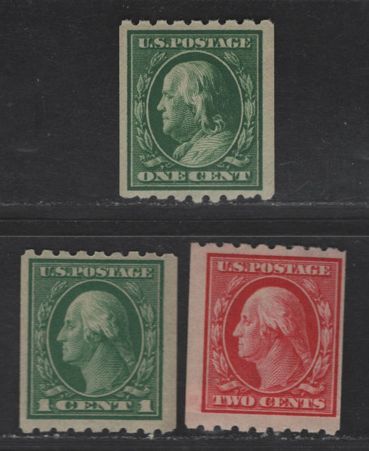 Lot 292 United States Of America SC#390-391, 410 1c-2c Green & Carmine Washington & Franklin, 1908-1920 Washington-Franklin Issue, 3 Fine OG Singles Coil Singles, Perf. 8.5 Horizontally, 2c Is A Paste-Up Single
