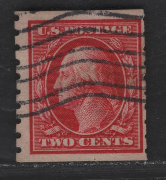 Lot 293 (C) United States Of America SC#393 2c Carmine George Washington, 1908-1920 Washington-Franklin Issue, A VG Used Single Coil Single, Perf. 8.5 Vertically, Wmk Single Lined USPS