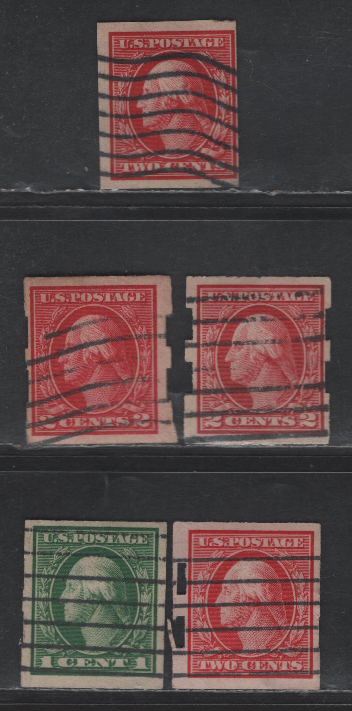 Lot 295 United States Of America SC#384, 408-409 1c-2c Green & Carmine George Washington, 1908-1920 Washington-Franklin Issue, 5 Fine & VF Used Singles Imperf Singles, Two With Type III Schermack Perforations, Wmk Single Lined USPS