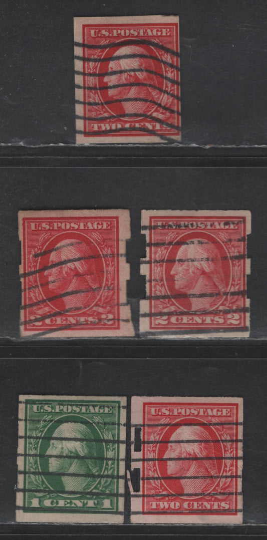 Lot 295 United States Of America SC#384, 408-409 1c-2c Green & Carmine George Washington, 1908-1920 Washington-Franklin Issue, 5 Fine & VF Used Singles Imperf Singles, Two With Type III Schermack Perforations, Wmk Single Lined USPS
