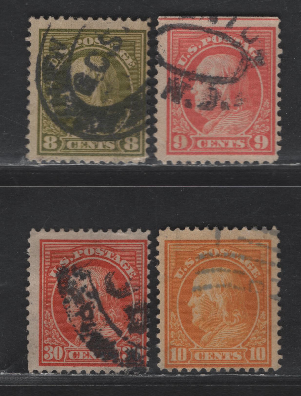 Lot 296 (C) United States Of America SC#414-416, 420 8c-30c Olive - Red Orange Benjamin Franklin, 1908-1920 Washington-Franklin Issue, 4 VG & Fine Used Singles Perf. 12, Wmk Single Lned USPS
