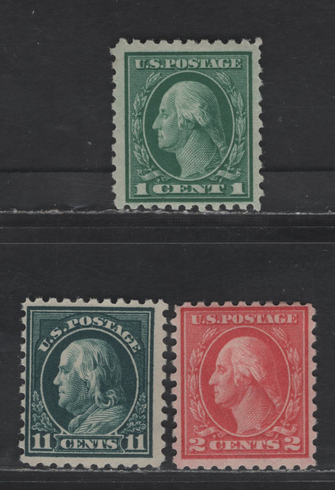Lot 298 United States Of America SC#424, 425, 434 1c, 2c, 11c Green, Rose Red & Bottle Green Washington & Franklin, 1908-1920 Washington-Franklin Issue, 3 Fine OG Singles Perf. 10, Wmk Single Lined USPS, 2c Is Type 1