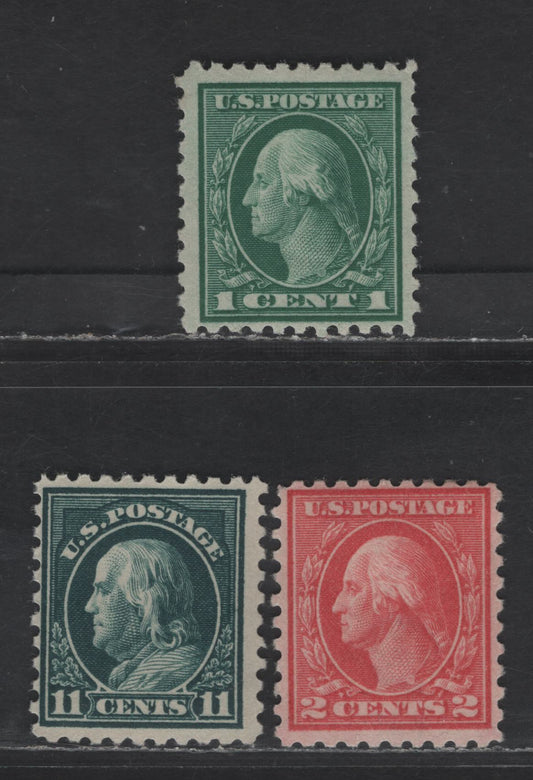 Lot 298 United States Of America SC#424, 425, 434 1c, 2c, 11c Green, Rose Red & Bottle Green Washington & Franklin, 1908-1920 Washington-Franklin Issue, 3 Fine OG Singles Perf. 10, Wmk Single Lined USPS, 2c Is Type 1