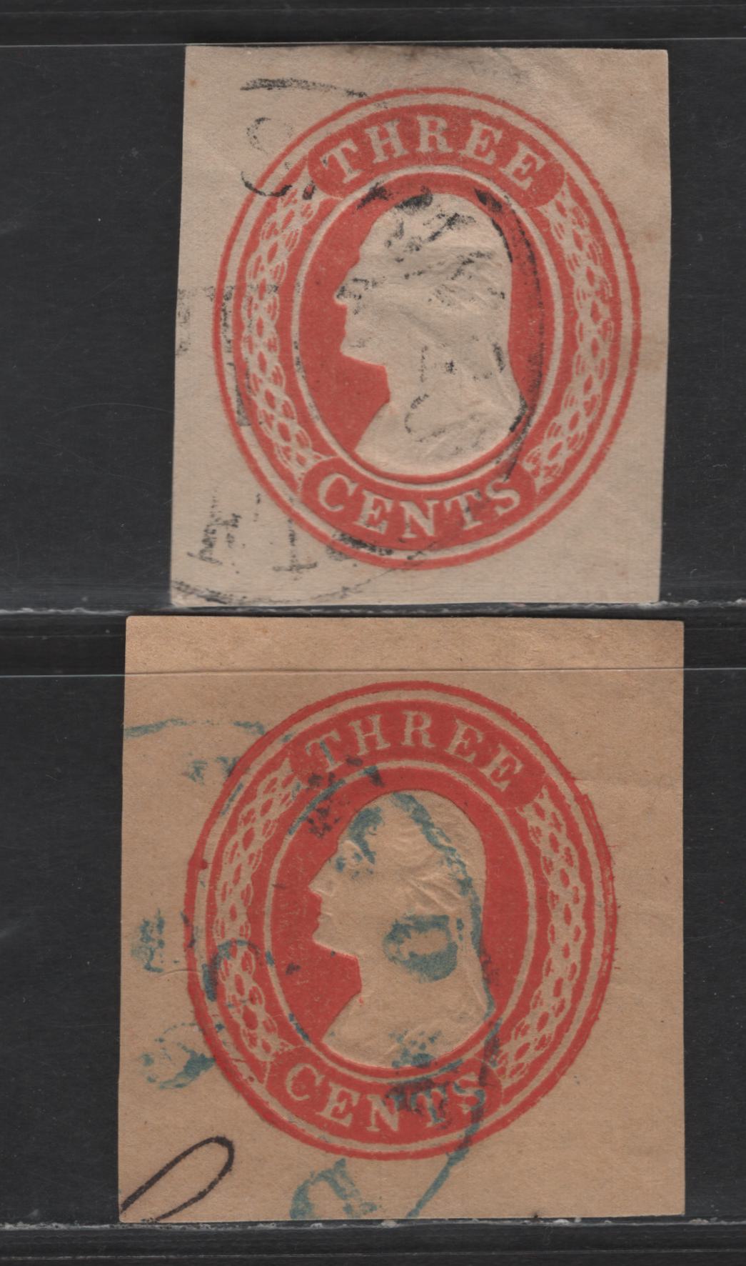 Lot 3 United States SC#U9-U10var 3c Red Washington, 1853-1855 Nesbitt Issue, 2 Very Fine Used Singles, White & Buff Papers, 14.5mm Label At Top, White Curved Lines Missing On Both Ends