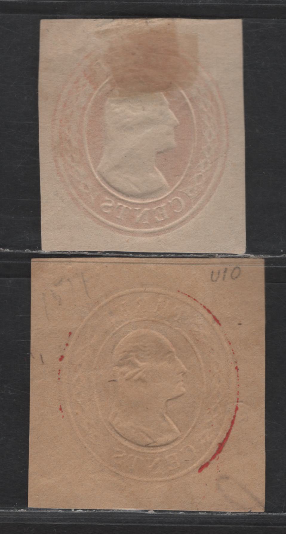Lot 3 United States SC#U9-U10var 3c Red Washington, 1853-1855 Nesbitt Issue, 2 Very Fine Used Singles, White & Buff Papers, 14.5mm Label At Top, White Curved Lines Missing On Both Ends