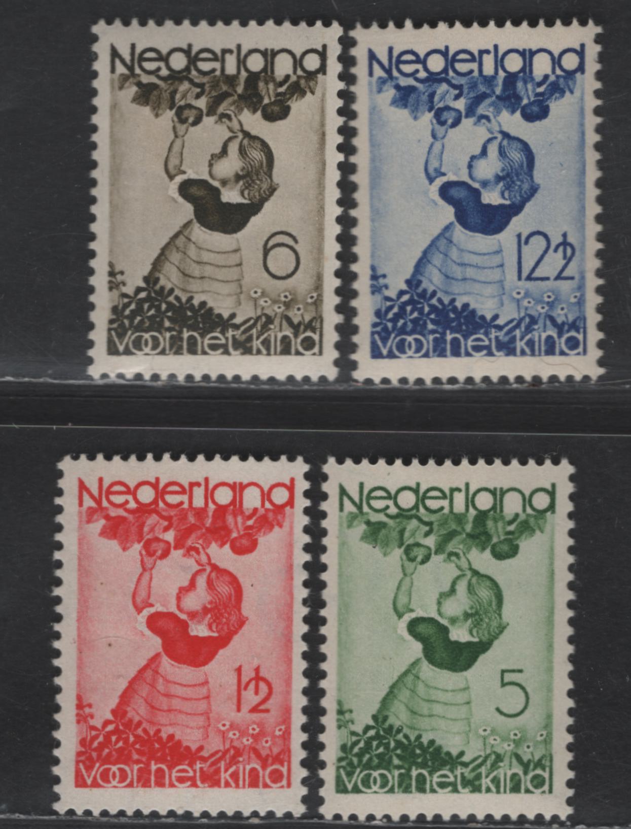 Lot 302 Netherlands SC#B82-B85 1.5c+1.5c - 12.5c+3.5c Crimson - Ultramarine Girl Picking Apple, 1935 Semi Postal Issue, 4 VFOG Singles