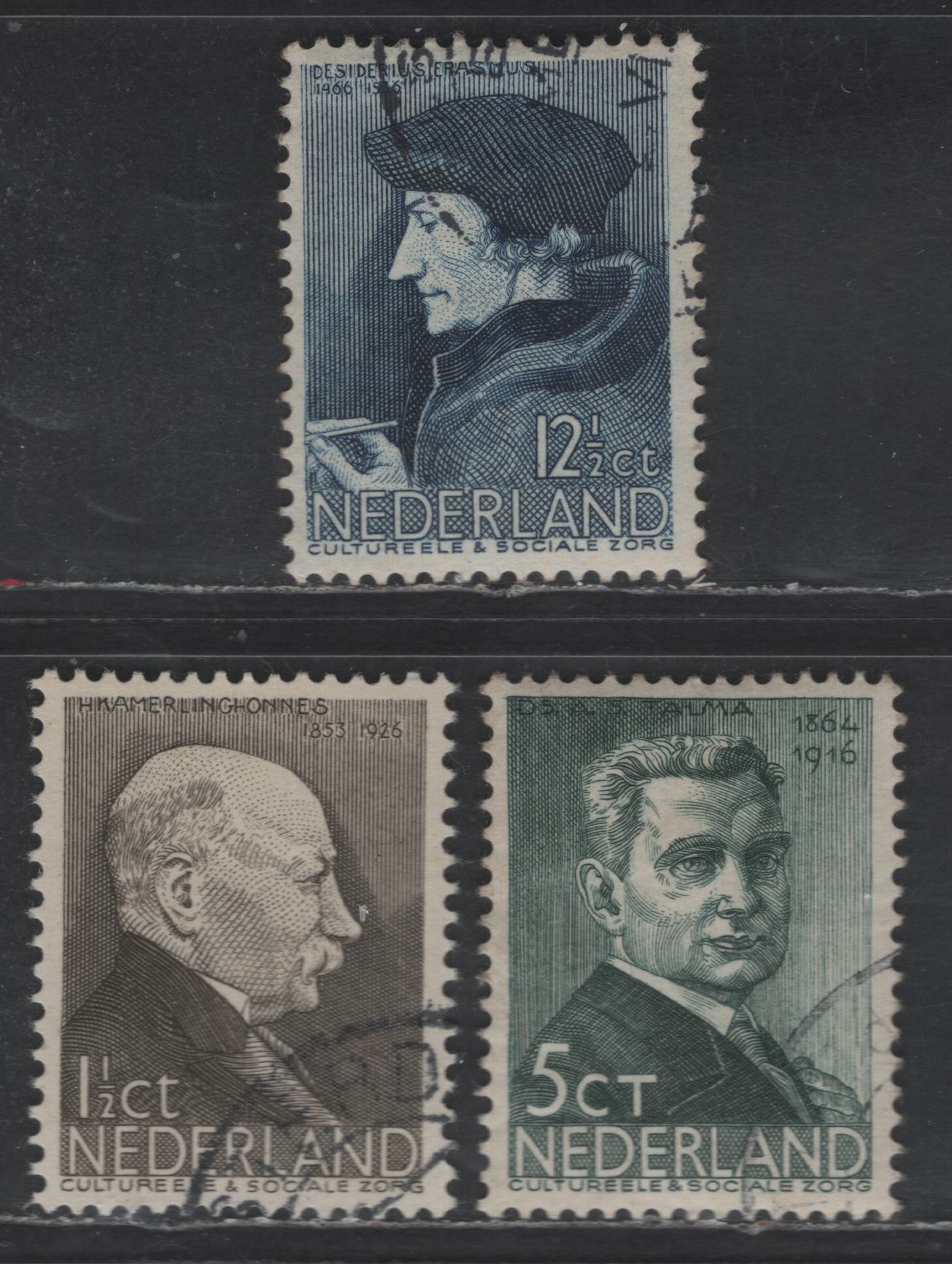Lot 303 Netherlands SC#B86-B87, B89 1.5c+1.5c - 12.5c+3.5c Brown Black - Dull Blue H Kamerlingh Onnes - Desiderius Erasmus, 1936 Semi Postal Issue, 3 Very Fine Used Singles