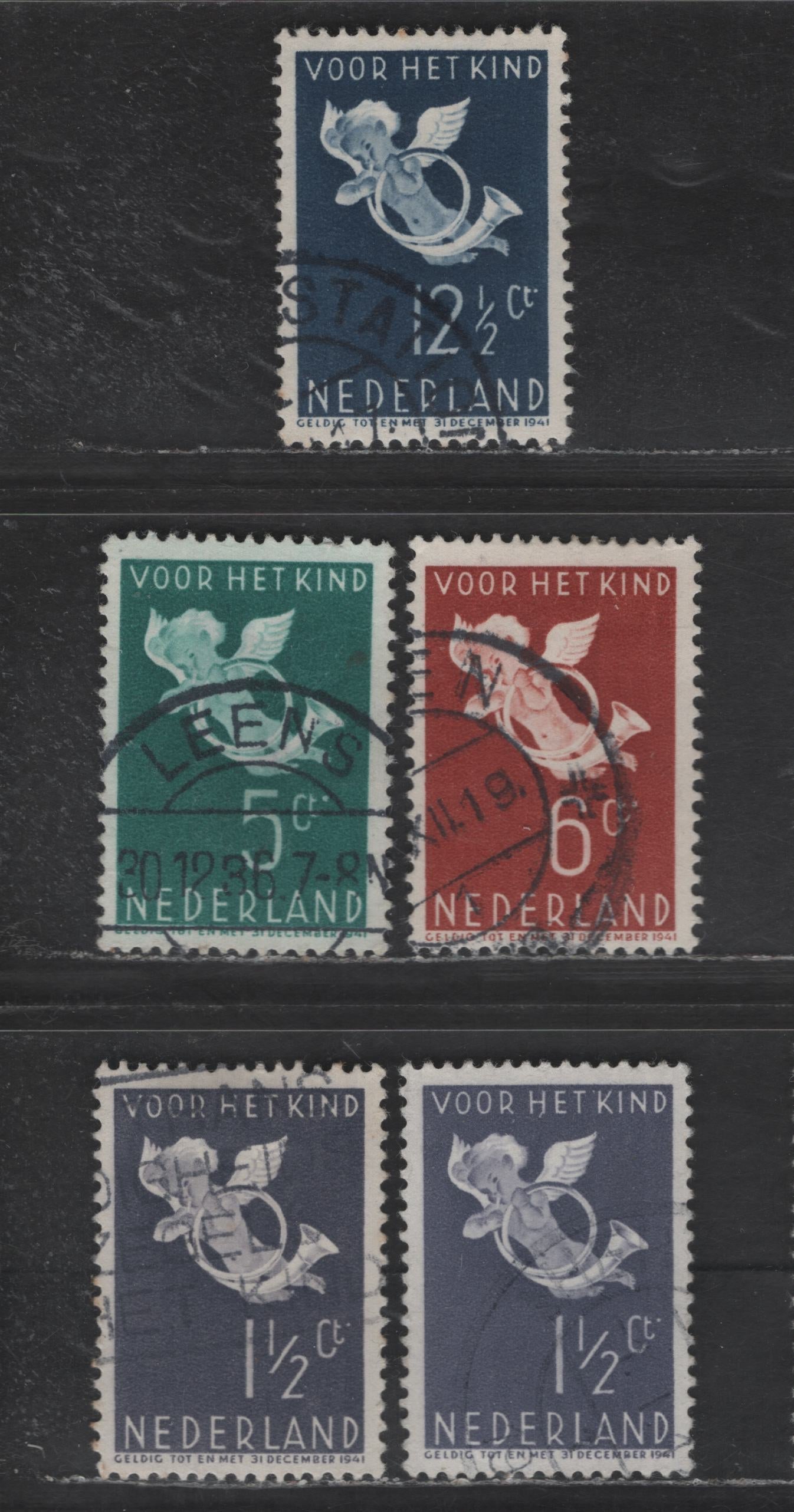 Lot 306 Netherlands SC#B90-B93 1.5c+1.5c - 12.5c+3.5c Lilac Gray - Indigo Cherub, 1936 Semi Postal Issue, 5 Very Fine Used Singles, Additional Shade Of 1.5c+1.5c